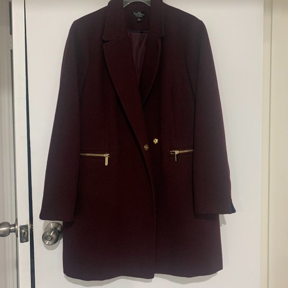 Topshop Petite Burgundy Brown Gold Zipper Pockets Wool Blend Coat - Size 10 - Picture 2 of 7